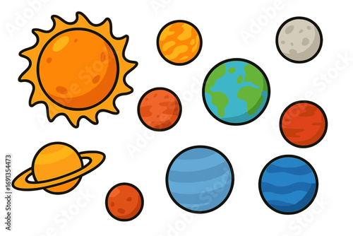 Solar system planets cartoon vector icon set. Sun, Earth, Saturn, Mars and other celestial bodies. Colorful space collection for kids educational purposes. Astronomy science graphic.