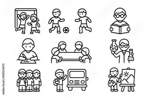 School Activity Icons. Outline icon set of School activities: recess, sports, reading, writing, group work,