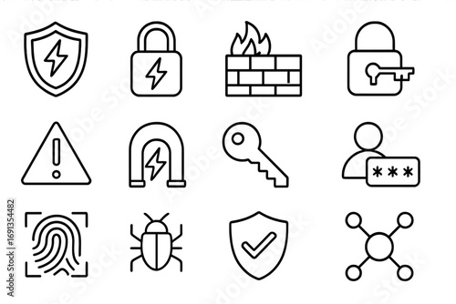 Cybersecurity and Billing Icons. Outline icon set of Affiliate marketing programs: affiliate link chain, dollar sign, shopping bag