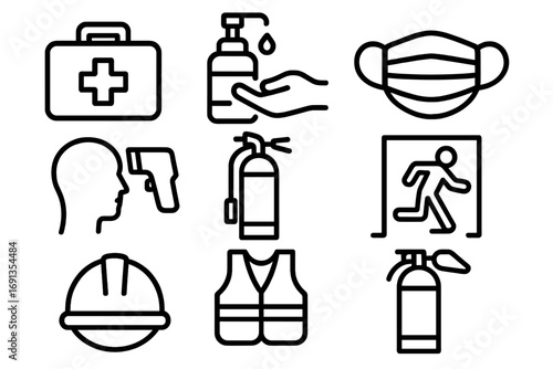 School Safety Icons. Outline icon set of Safety and health at school: first aid kit, hand sanitizer, mask,