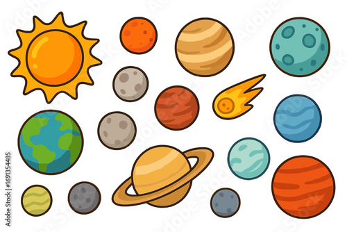 Solar system planets cartoon icon set. Sun, Earth, Mars, Jupiter, Saturn. Space objects collection for kids educational astronomy. Celestial bodies vector illustration for children.