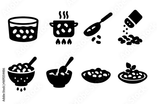 Fried Bean Process. Solid, filled icon set of fried bean preparation steps: soaking, boiling, frying, seasoning, draining, mixing,