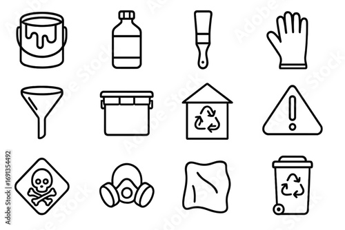 Paint Disposal Icons. Outline icon set of paint and solvent disposal: paint can, thinner bottle, brush, gloves