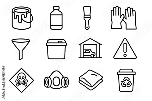 Paint Disposal Icons. Outline icon set of paint and solvent disposal: paint can, thinner bottle, brush, gloves