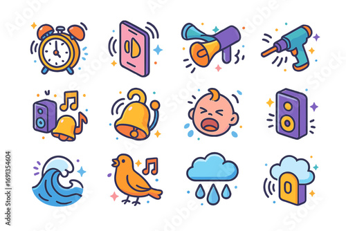Daily Sound Icons. Colorful isometric vector icons set of sound in daily life: alarm clock ringing, ringtone symbol, traffic noise