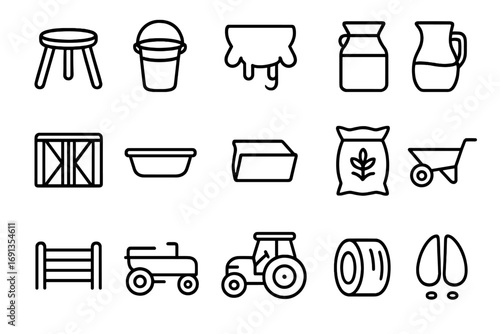 Dairy Farming Icons. Outline icon set of dairy farming essentials: milking stool, pail, udder, milk jug, barn door, trough, feed