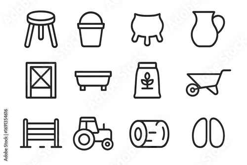 Dairy Farming Icons. Outline icon set of dairy farming essentials: milking stool, pail, udder, milk jug, barn door, trough, feed