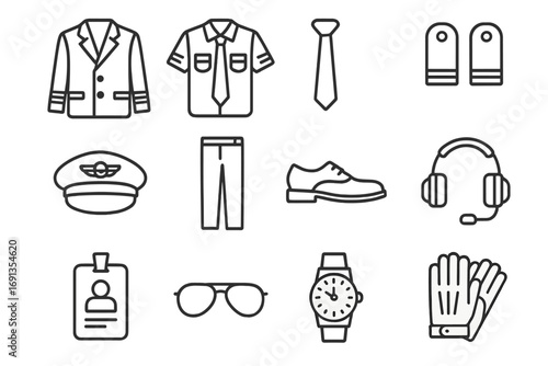 Pilot Fashion Icons. Outline icon set of fashion for pilots: uniform jacket, pilot shirt, tie, epaulettes,