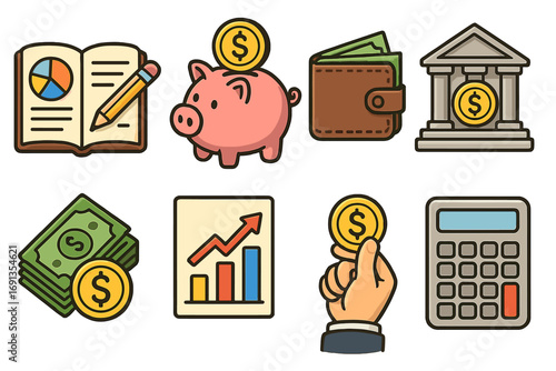 Financial literacy icon set. Personal finance and banking concepts. Money management, saving, investment, and budgeting symbols. Vector cartoon illustration of economic education.