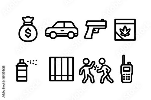 Gang Activity Icons. Outline icon set of gang activities: money bag, getaway car, handgun, drug package, graffiti spray, jail bars