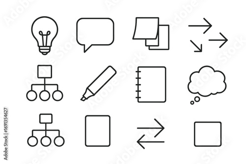 Brainstorming Icon Set. Outline icon set of Brainstorming session: idea bulb, speech bubble, sticky notes,