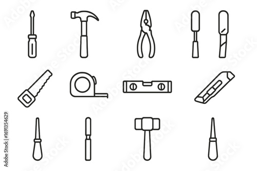 Tool Icon Set. Outline icon set of hand tools: screwdriver, hammer, pliers, chisel, handsaw, tape measure,