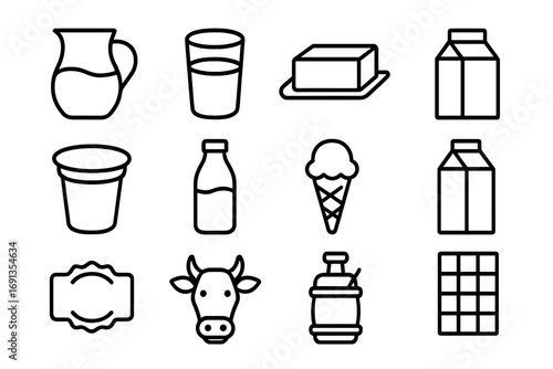 Dairy Products Icons. Outline icon set of milk and dairy products: milk jug, glass of milk, butter slab, cheese wedge, yogurt cup,