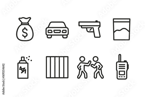 Gang Activity Icons. Outline icon set of gang activities: money bag, getaway car, handgun, drug package, graffiti spray, jail bars