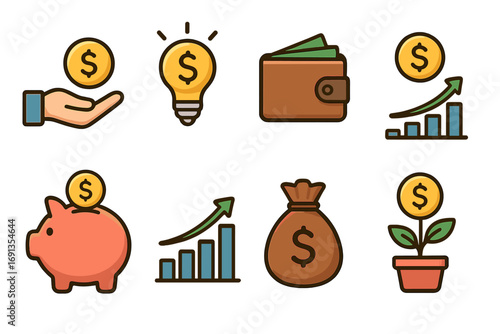 Financial literacy icon set illustrating money concepts. Vector icons for savings, investment, and profit growth. Business finance, wealth management, and economy symbols.