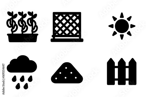 Garden Icon Set. Solid, filled icon set of bean plant environment: garden bed, trellis, compost pile, sun, rain cloud, soil mound,