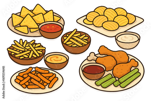 Snack food vector set. Appetizer collection with nachos, potato chips, french fries, chicken wings, carrots and celery with dipping sauces. Cartoon fast food illustration.