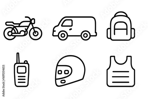 Gang Gear Icons. Outline icon set of gang vehicles and gear: motorcycle, van, mask, backpack, walkie-talkie, helmet, bulletproof