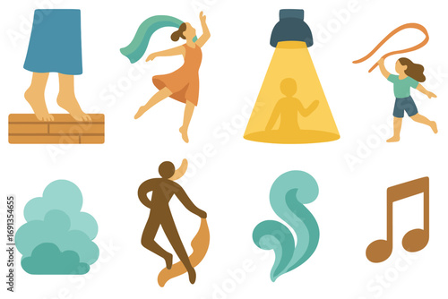 Dance Icons on Wood. Flat vector mini-illustrations Contemporary dance barefoot on wooden floor in colors children's illustrations