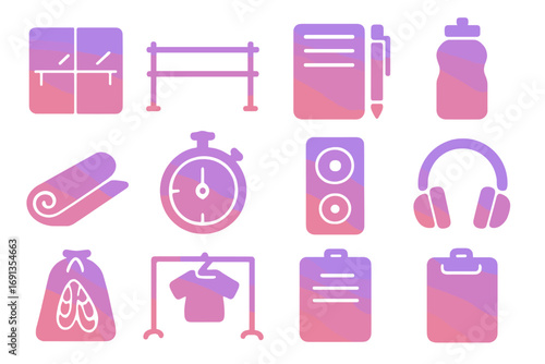 Dance Studio Essentials. Gradient icons set of dance rehearsal studio essentials: mirrored wall, ballet barre, notebook, pen,