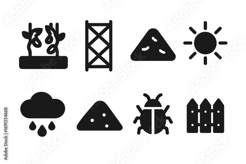 Garden Icon Set. Solid, filled icon set of bean plant environment: garden bed, trellis, compost pile, sun, rain cloud, soil mound,