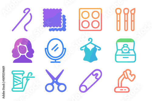 Dancer's Prep Essentials. Gradient icons set of costume and makeup prep for dancers: sewing needle, fabric swatch, makeup palette,