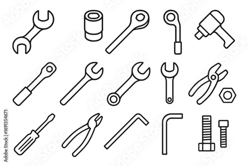 Tool Icon Set. Outline icon set of nut and bolt tools: spanner, wrench, socket, ratchet, torque wrench,