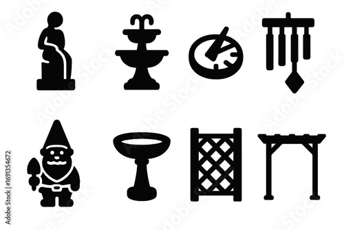 Garden Decor Icons. Solid, filled icon set of garden decorations: statue, fountain, sundial, wind chime, garden gnome, birdbath,