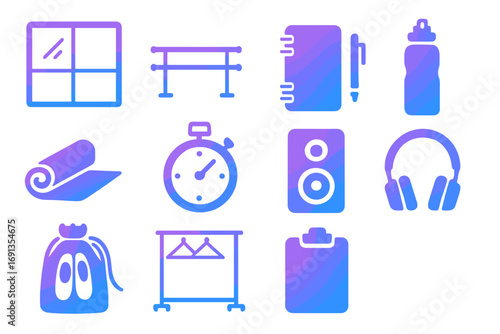 Dance Studio Essentials. Gradient icons set of dance rehearsal studio essentials: mirrored wall, ballet barre, notebook, pen,
