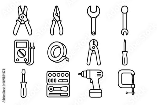 Electrical Tools Icons. Outline icon set of electrical repair tools: wire stripper, pliers, screwdriver,