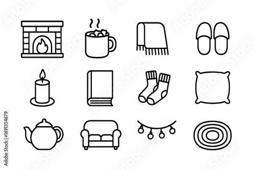 Cozy Icons Grid. Outline icon set of cozy moments: fireplace, mug of hot chocolate, blanket, slippers, candle,