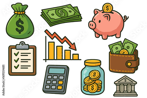 Financial literacy icon set. Personal finance, saving money in piggy bank, and banking concepts. Vector icons for budget planning, investment, economy, and wealth management.