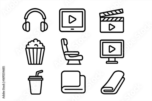 In-Flight Movie Essentials. Outline icon set of Watching movies on a plane: headphones, tablet, movie clapper,