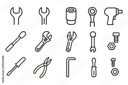 Tool Icon Set. Outline icon set of nut and bolt tools: spanner, wrench, socket, ratchet, torque wrench,