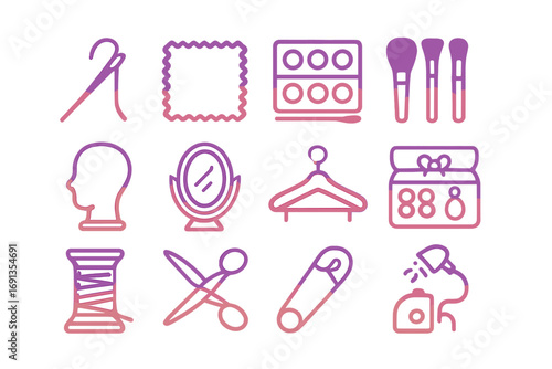 Dancer's Prep Essentials. Gradient icons set of costume and makeup prep for dancers: sewing needle, fabric swatch, makeup palette,