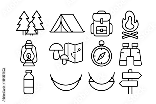 Forest Camping Icons. Outline icon set of forest camping: pine trees, tent, campfire, backpack, lantern,