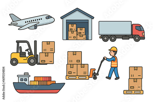 Logistics and supply chain management vector icon set. Freight transport with cargo ship, truck, airplane, and warehouse. Shipping, delivery, and distribution concept.
