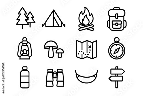 Forest Camping Icons. Outline icon set of forest camping: pine trees, tent, campfire, backpack, lantern,