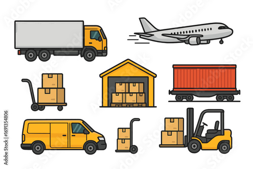 Logistics and supply chain management icon set. Transportation methods for shipping, delivery, freight. Includes truck, van, plane, train, warehouse, forklift. Vector illustration.