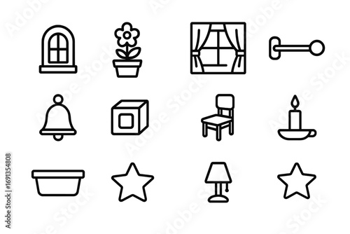 Tiny House Window Icons. Outline icon set of tiny house window: miniature window, flower pot, curtain, small
