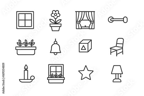 Tiny House Window Icons. Outline icon set of tiny house window: miniature window, flower pot, curtain, small