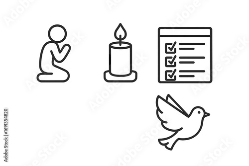 Minimalist prayer meditation icons set with candle, checklist, window, and dove in outline style, spiritual and peaceful vector cartoon illustration, transparent background, ordered collection