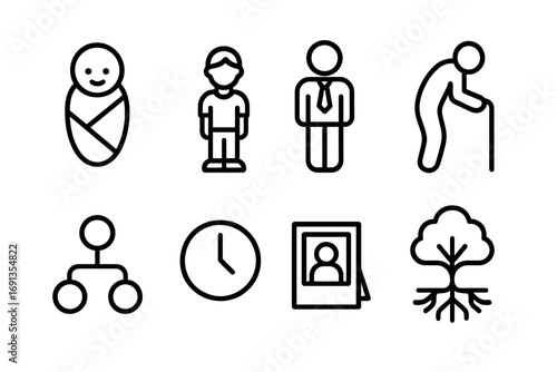 Generational Icons Outline. Outline icon set of generations: baby, child, adult, elder, family tree, clock, photo frame, roots.