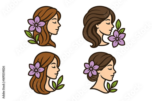 Woman face profile with flower in hair logo set. Beauty salon, spa, cosmetology icon collection. Natural, organic cosmetics brand identity. Elegant female head vector illustration.
