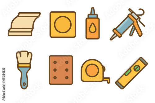 Decorative Trim Tools. Flat vector mini-illustrations Installing decorative molding and trim in colors children's illustrations: