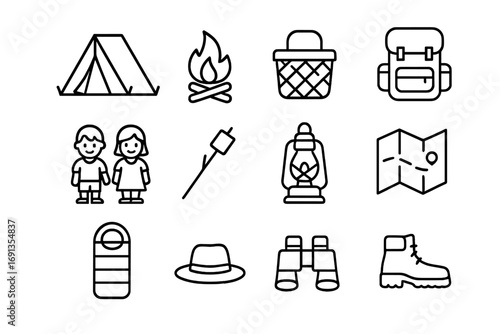 Family Camping Icons. Outline icon set of family camping: tent, campfire, picnic basket, backpack, children,