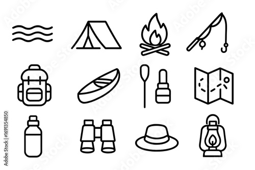 River Camping Icons. Outline icon set of river camping: river, tent, campfire, fishing rod, backpack, canoe,
