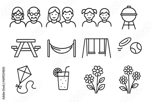 Backyard Fun Icons. Outline icon set of backyard family fun: grandparents, parents, children, barbecue grill,