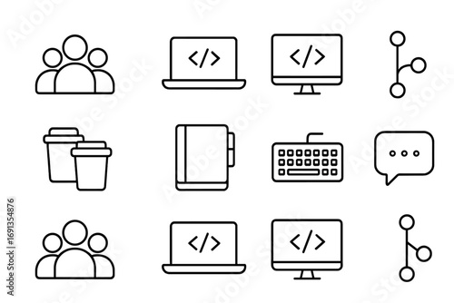 Team Coding Icons. Outline icon set of Team coding project: group of students, laptop, shared monitor, code
