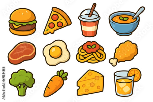 Food and drink icon set with burger, pizza, pasta, chicken, juice, and vegetables. Cute cartoon vector illustration collection for restaurant menu, web, or sticker design.